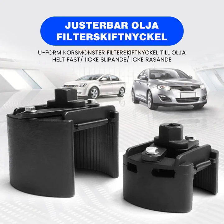 "Justerbar oljefilternyckel för fordon, robust design, metallkropp med tänder, ger säkert grepp vid filterbyte."