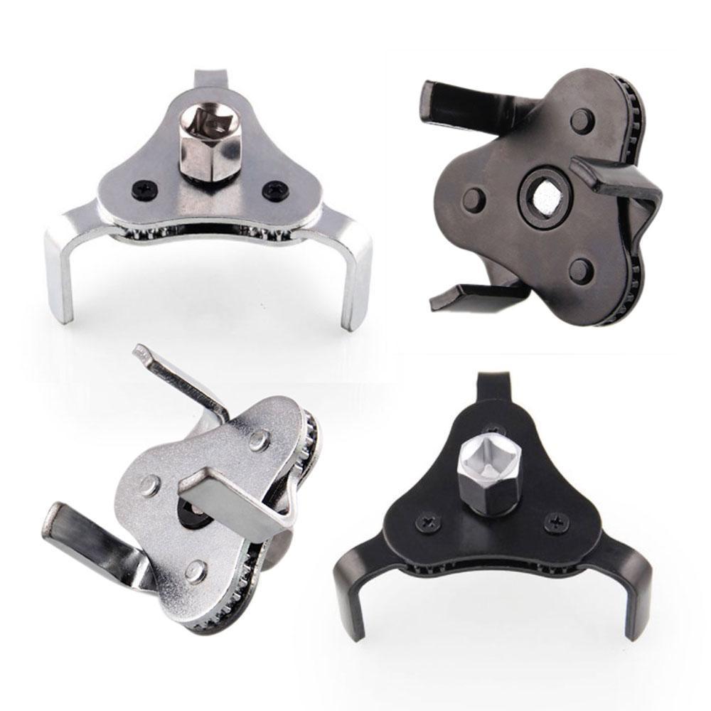 "Justerbar oljefilternyckel med tre käftar i stål, svart och silver, enkel att använda för borttagning av oljefilter."