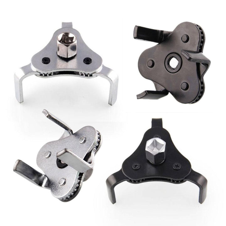 "Justerbar oljefilternyckel med tre käftar i stål, svart och silver, enkel att använda för borttagning av oljefilter."