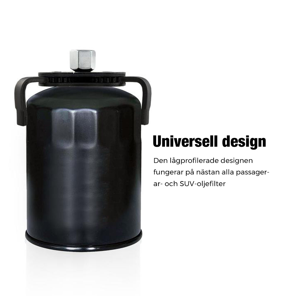 "Justerbar oljefilternyckel med tre käftar i stål, svart och silver, enkel att använda för borttagning av oljefilter."