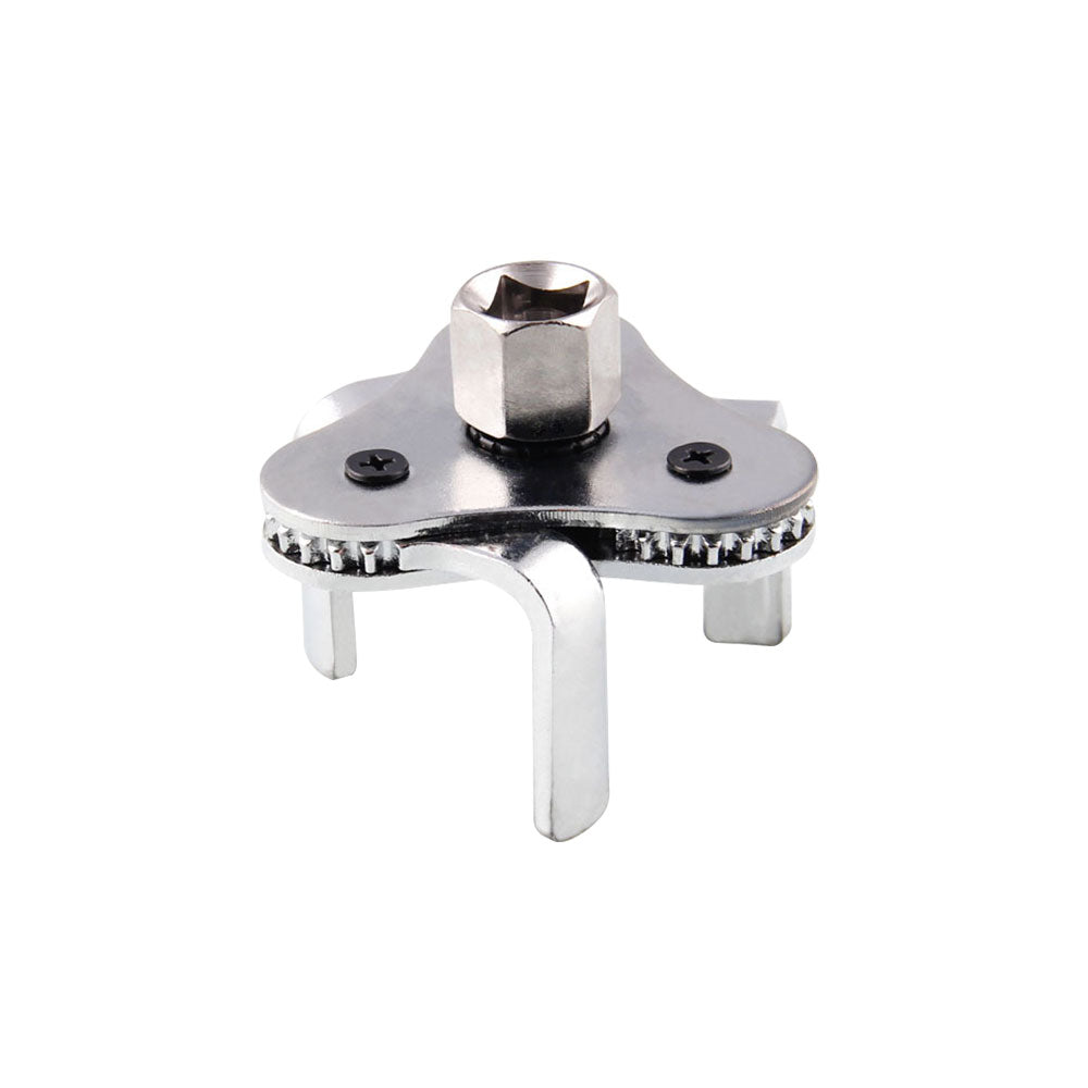 "Justerbar oljefilternyckel med tre käftar i stål, svart och silver, enkel att använda för borttagning av oljefilter."