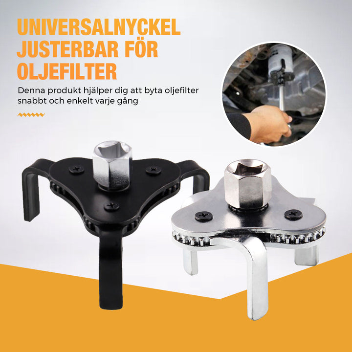 "Justerbar oljefilternyckel med tre käftar i stål, svart och silver, enkel att använda för borttagning av oljefilter."