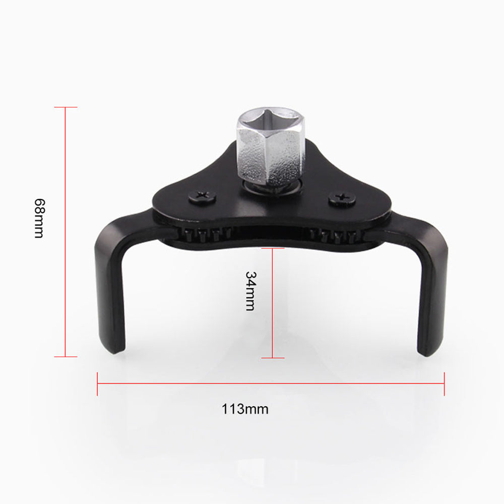 "Justerbar oljefilternyckel med tre käftar i stål, svart och silver, enkel att använda för borttagning av oljefilter."