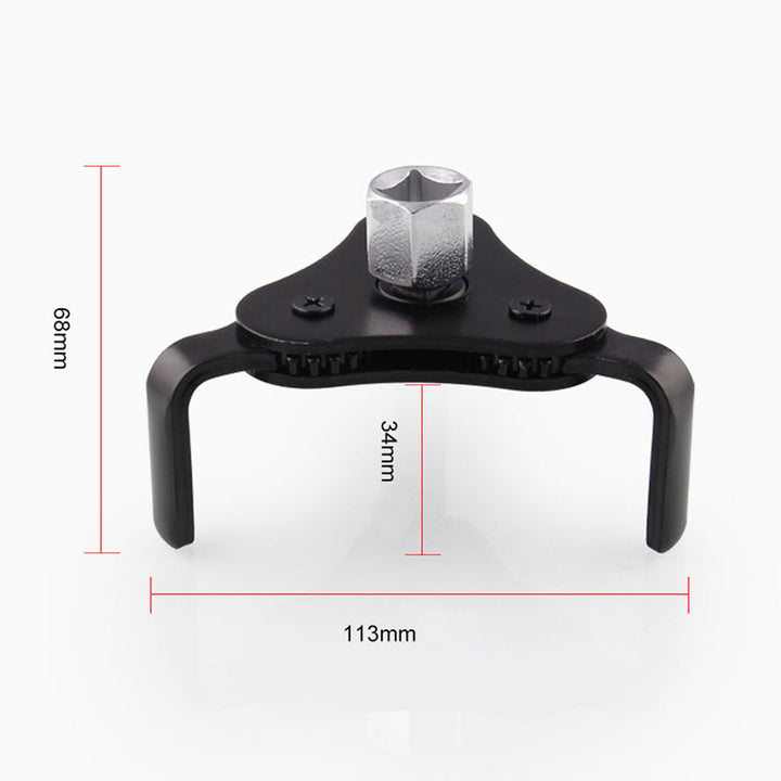"Justerbar oljefilternyckel med tre käftar i stål, svart och silver, enkel att använda för borttagning av oljefilter."