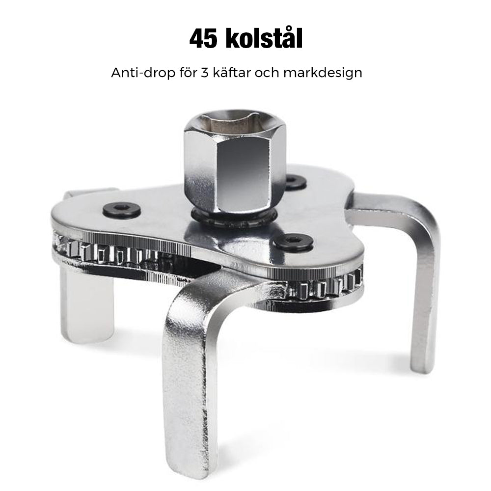 "Justerbar oljefilternyckel med tre käftar i stål, svart och silver, enkel att använda för borttagning av oljefilter."