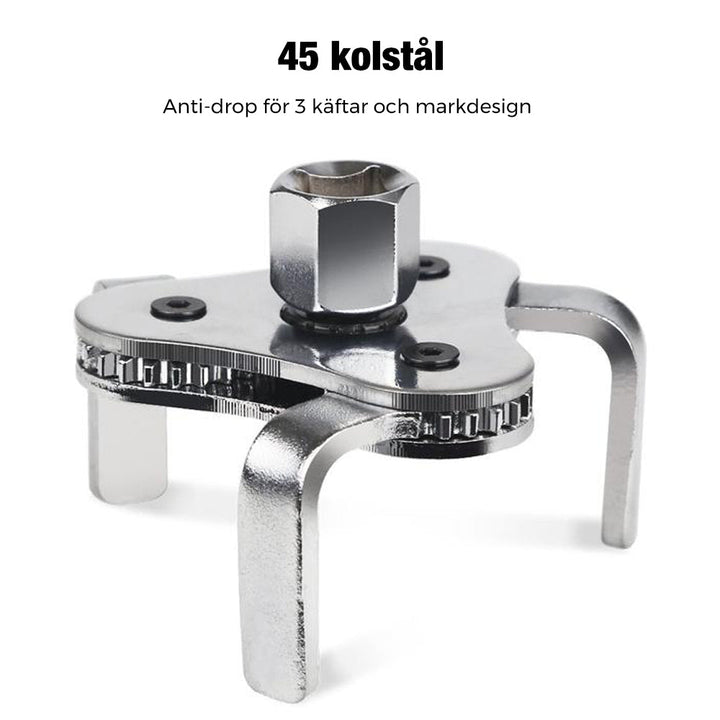 "Justerbar oljefilternyckel med tre käftar i stål, svart och silver, enkel att använda för borttagning av oljefilter."