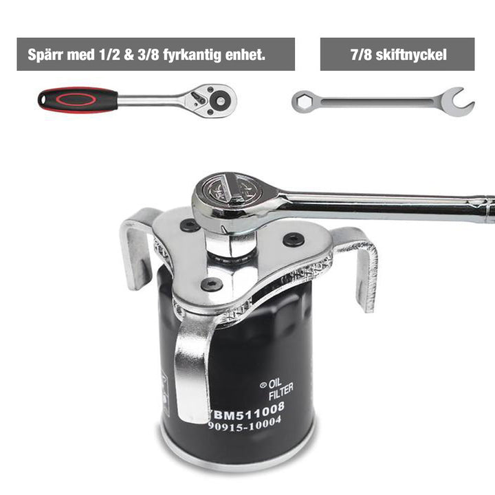 "Justerbar oljefilternyckel med tre käftar i stål, svart och silver, enkel att använda för borttagning av oljefilter."