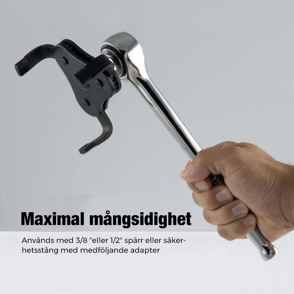 "Justerbar oljefilternyckel med tre käftar i stål, svart och silver, enkel att använda för borttagning av oljefilter."