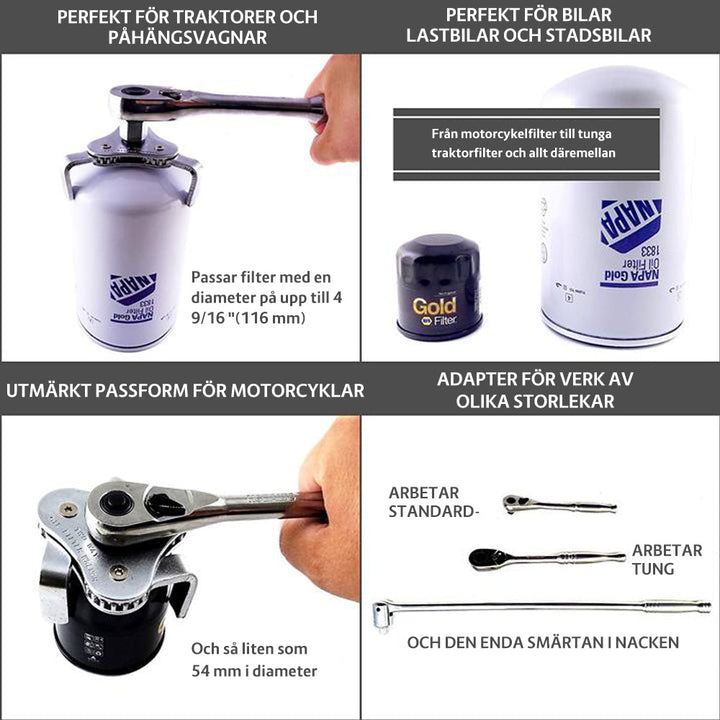 "Justerbar oljefilternyckel med tre käftar i stål, svart och silver, enkel att använda för borttagning av oljefilter."