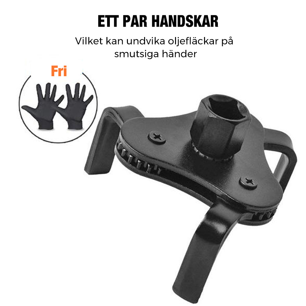 "Justerbar oljefilternyckel med tre käftar i stål, svart och silver, enkel att använda för borttagning av oljefilter."