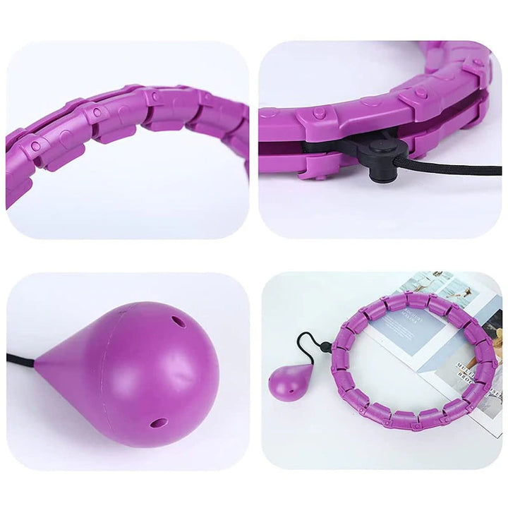 "Justerbar rosa och lila hula hoop i plast, 24 sektioner, för effektiv hemmaträning mot kaloriförbränning."