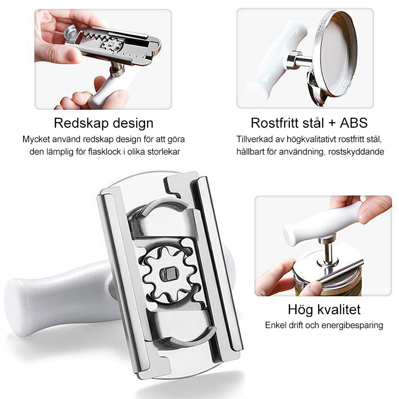 Justerbar rostfri burköppnare i stål med ergonomiskt handtag, idealisk för burklock 2-10 cm i diameter.