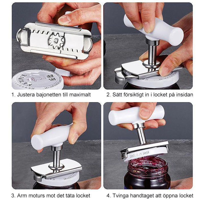 Justerbar rostfri burköppnare i stål med ergonomiskt handtag, idealisk för burklock 2-10 cm i diameter.