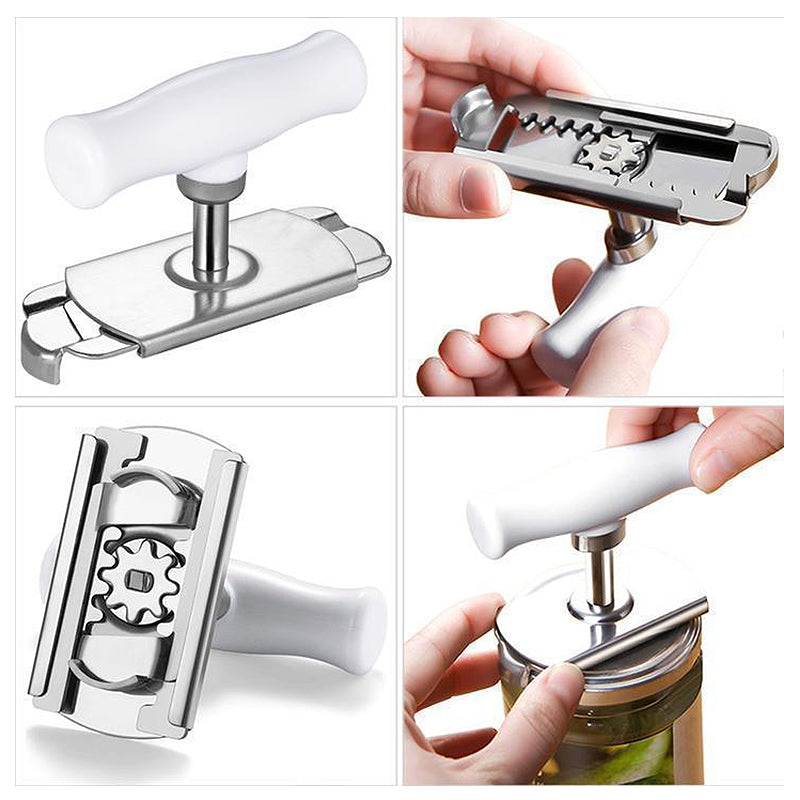 Justerbar rostfri burköppnare i stål med ergonomiskt handtag, idealisk för burklock 2-10 cm i diameter.