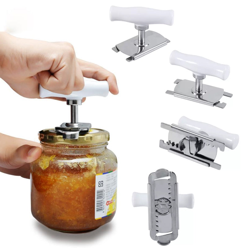 Justerbar rostfri burköppnare i stål med ergonomiskt handtag, idealisk för burklock 2-10 cm i diameter.
