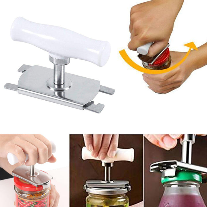 Justerbar rostfri burköppnare i stål med ergonomiskt handtag, idealisk för burklock 2-10 cm i diameter.