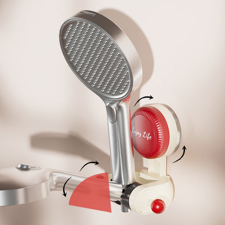 "Justerbar roterande duschhållare, vit, med sugkopp för enkla, verktygsfria installationer på släta ytor i badrummet."