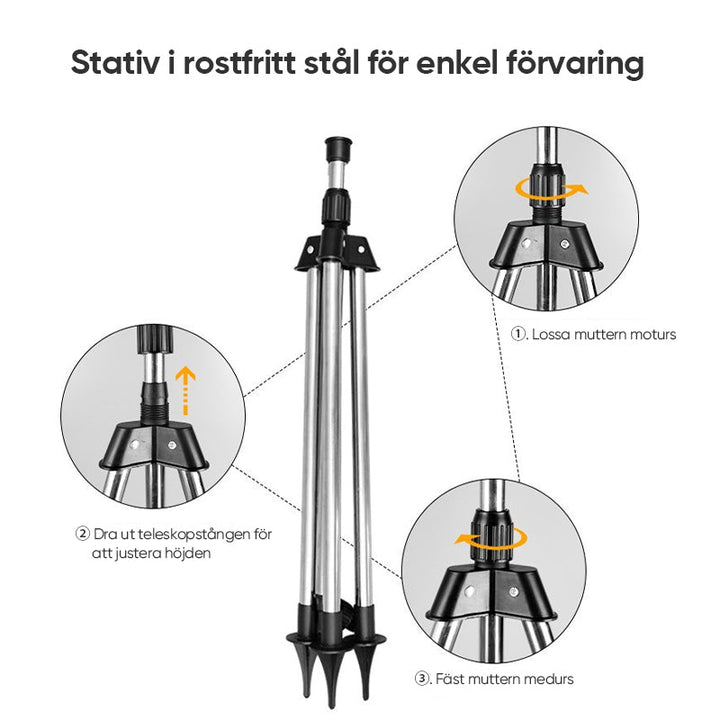 "Justerbar roterande stativsprinkler i stål och ABS, 360-graders rotation, för trädgårdsbevattning under heta sommardagar."