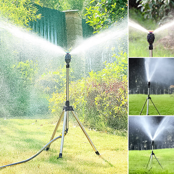 "Justerbar roterande stativsprinkler i stål och ABS, 360-graders rotation, för trädgårdsbevattning under heta sommardagar."