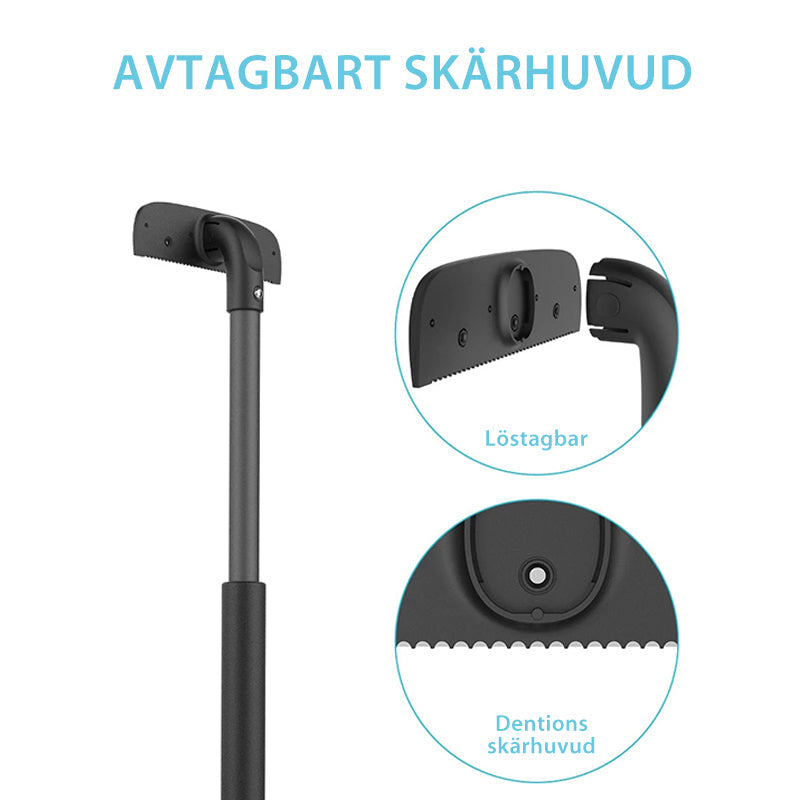 "Justerbar rygg rakapparat med utdragbart handtag och rostfritt stålblad för enkel hårborttagning"