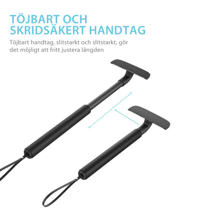 "Justerbar rygg rakapparat med utdragbart handtag och rostfritt stålblad för enkel hårborttagning"