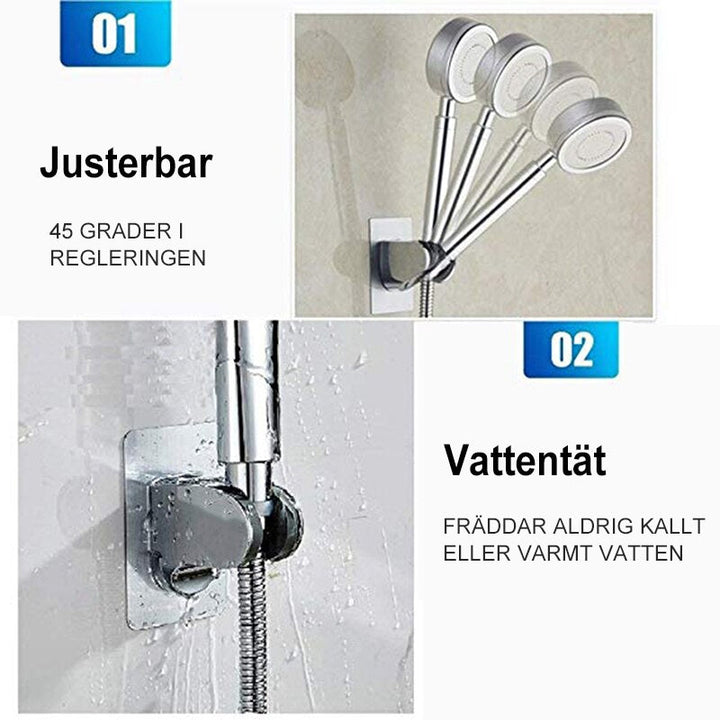 "Justerbar självhäftande duschhuvudshållare i silver, silverfärgad, modern design, utan borrning, fästning på släta ytor."