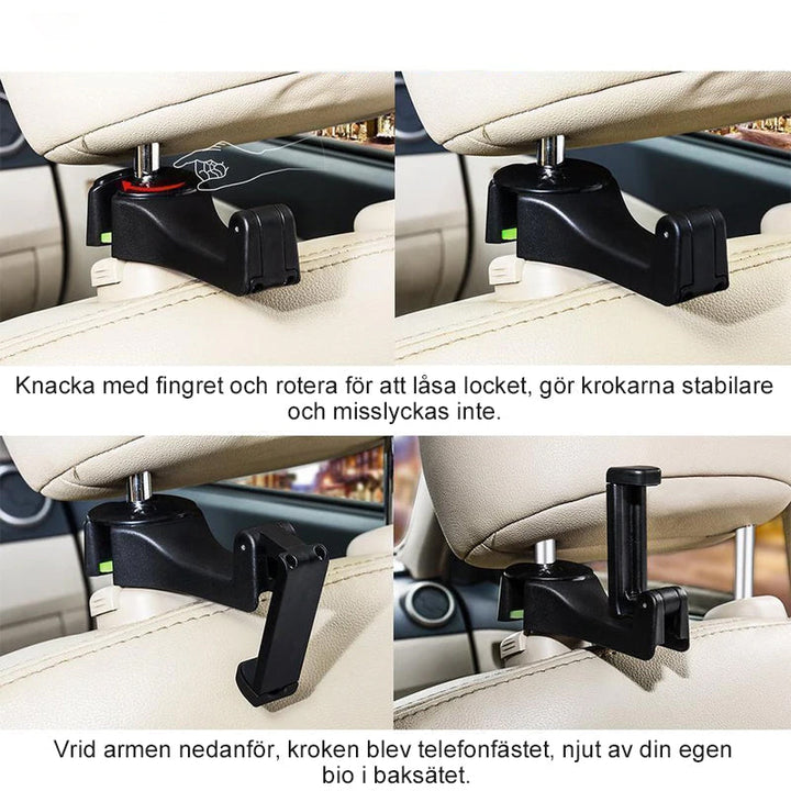 "Justerbar svart nackstödskrok för bil, utrymmesbesparande design, enkel installation med sidoöppning."