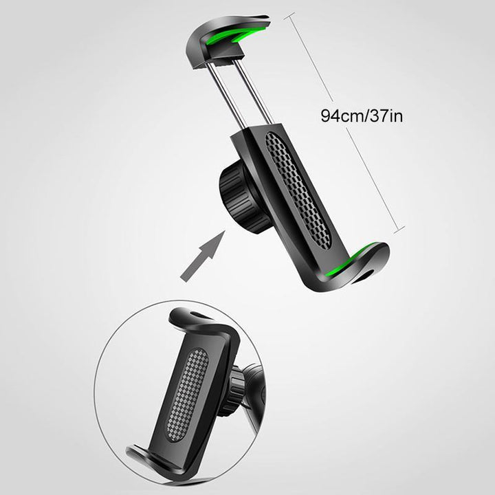 Justerbar telefonhållare för bil med anti-slip klämma, 360° rotation, och universell kompatibilitet, i modern design.