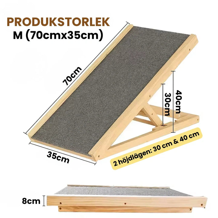 Träramp för äldre hundar med ledproblem, enkel åtkomst till säng/soffa, stödjer ledvård.
