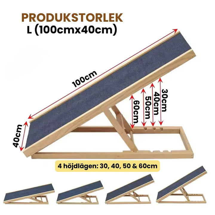 Justerbar valp-ramp i trä, hjälper små hundar upp säkert på möbler, förebygger skador.
