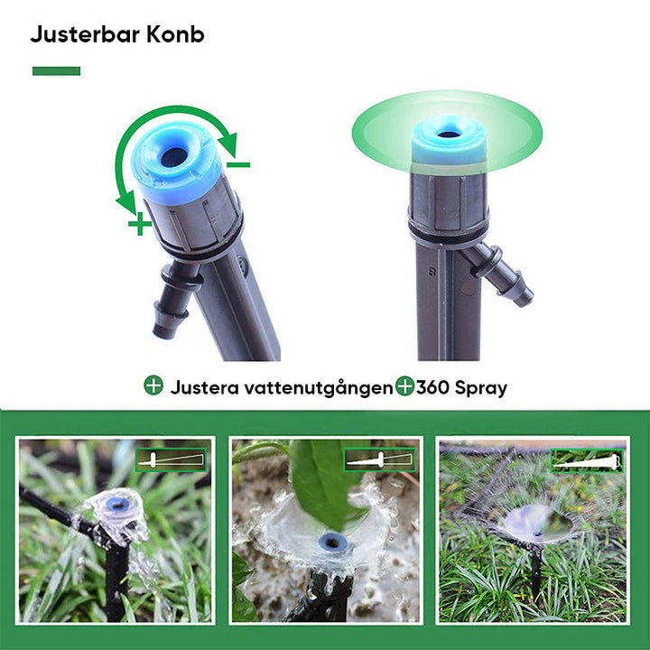 Justerbar trädgårdsbevattningsset i blå PVC, enkel installation med droppbevattning för exakt växthantering utomhus.
