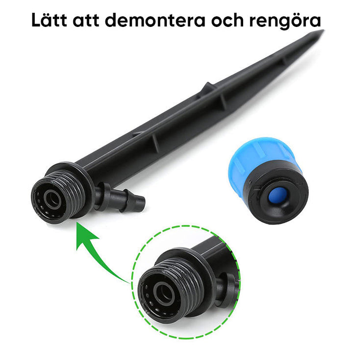 Justerbar trädgårdsbevattningsset i blå PVC, enkel installation med droppbevattning för exakt växthantering utomhus.
