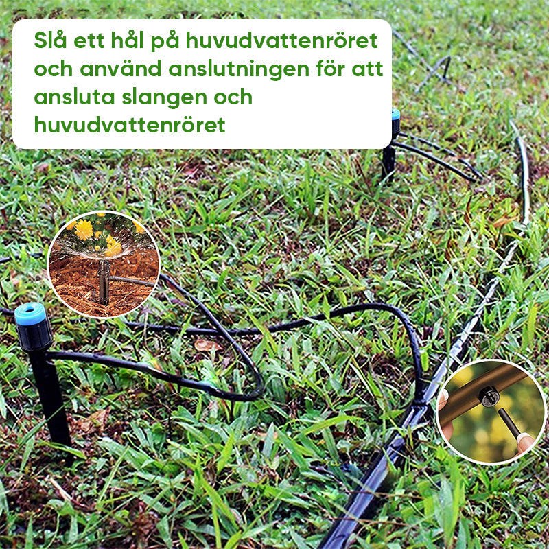 Justerbar trädgårdsbevattningsset i blå PVC, enkel installation med droppbevattning för exakt växthantering utomhus.