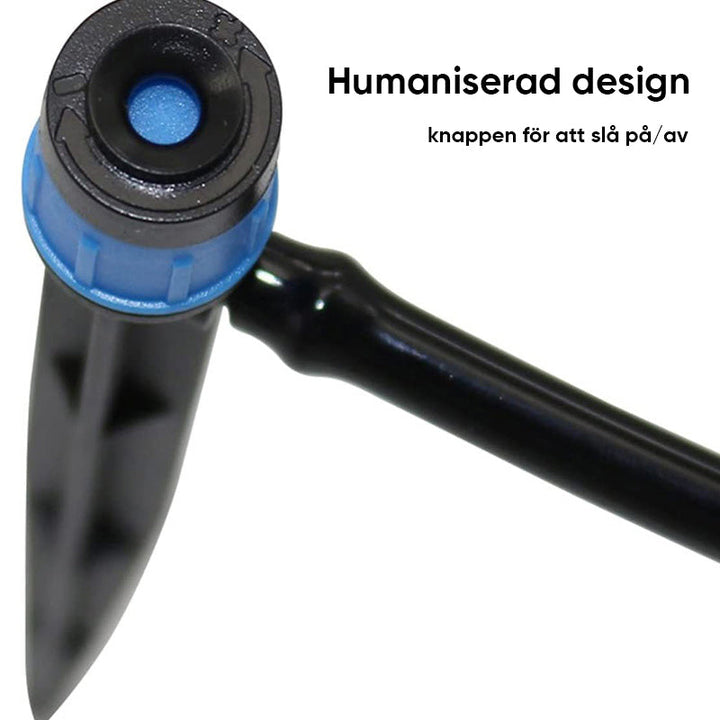Justerbar trädgårdsbevattningsset i blå PVC, enkel installation med droppbevattning för exakt växthantering utomhus.
