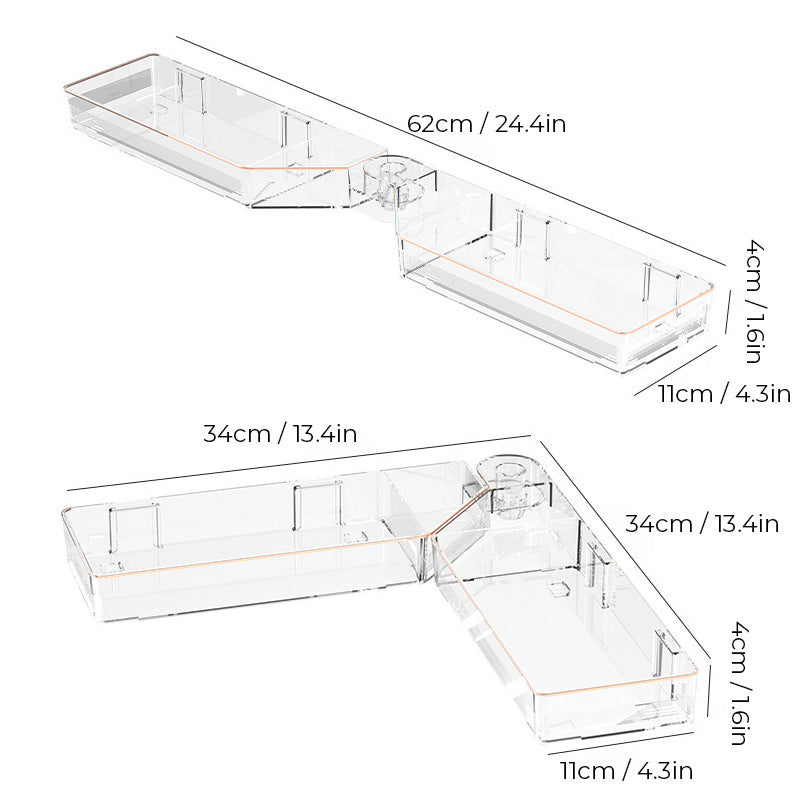 "Justerbar transparent hörnhylla för väggmontering utan borrning, compact design med gröna detaljer."