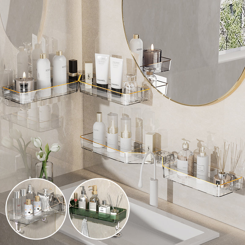 "Justerbar transparent hörnhylla för väggmontering utan borrning, compact design med gröna detaljer."