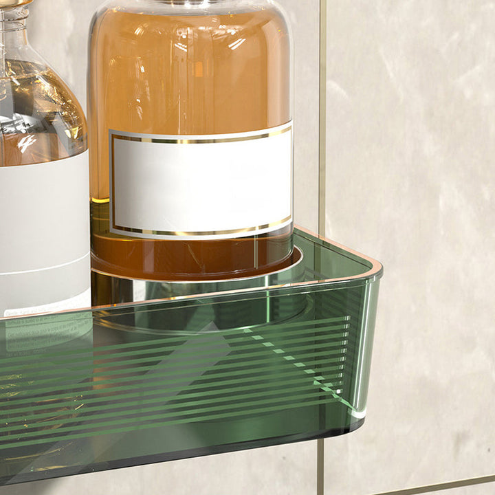 "Justerbar transparent hörnhylla för väggmontering utan borrning, compact design med gröna detaljer."