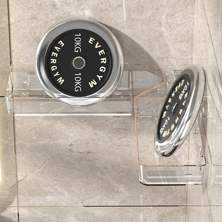"Justerbar transparent hörnhylla för väggmontering utan borrning, compact design med gröna detaljer."