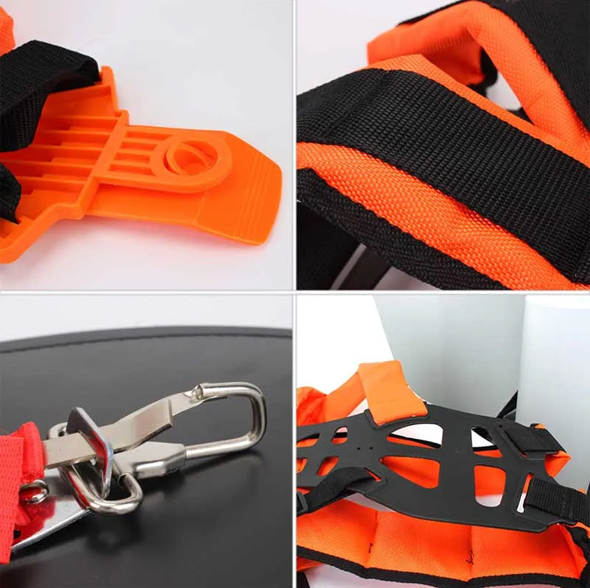 "Justerbar trimmer axelrem i svart vadderad nylon för trädgårdsarbete, avlastar axlar effektivt för bekväm användning."