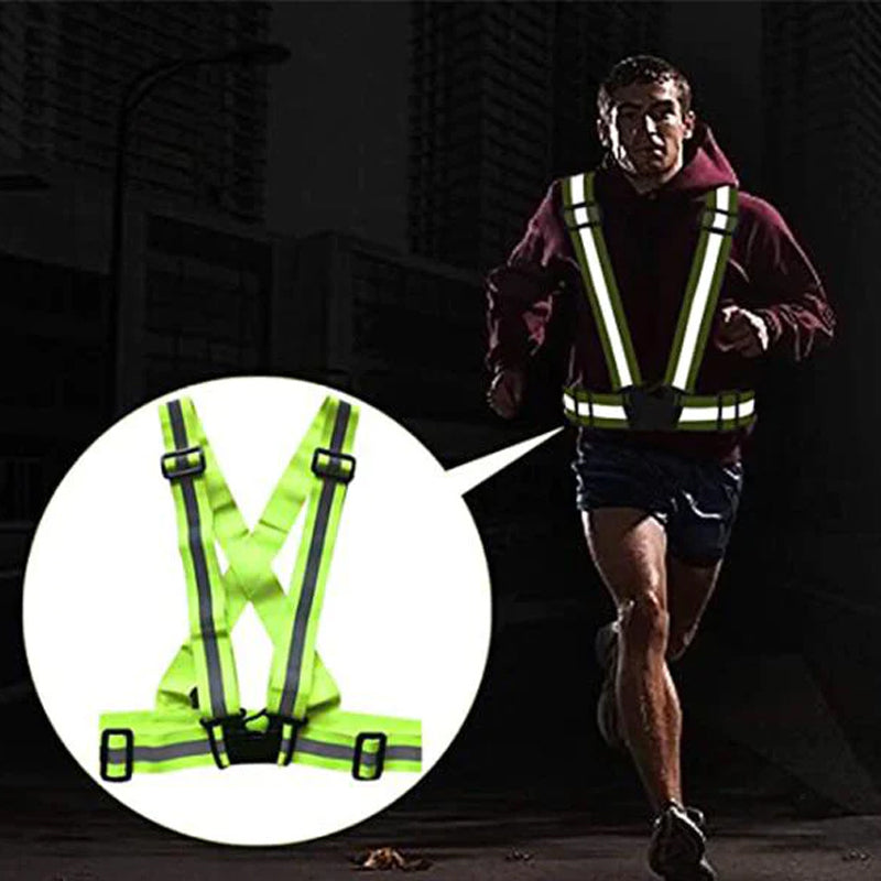 "Justerbar unisex reflexväst i fluorescerande grön med reflekterande band, idealisk för löpning och cykling."