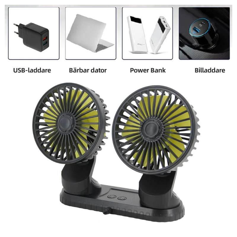 "Justerbar USB dubbel fläkt med två huvuden, svart finish, perfekt för bil och kontor, kompakt och stilren design."
