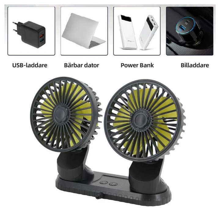 "Justerbar USB dubbel fläkt med två huvuden, svart finish, perfekt för bil och kontor, kompakt och stilren design."