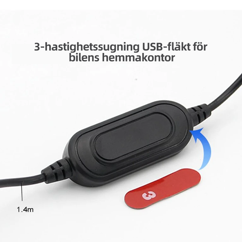 "Justerbar USB dubbel fläkt med två huvuden, svart finish, perfekt för bil och kontor, kompakt och stilren design."