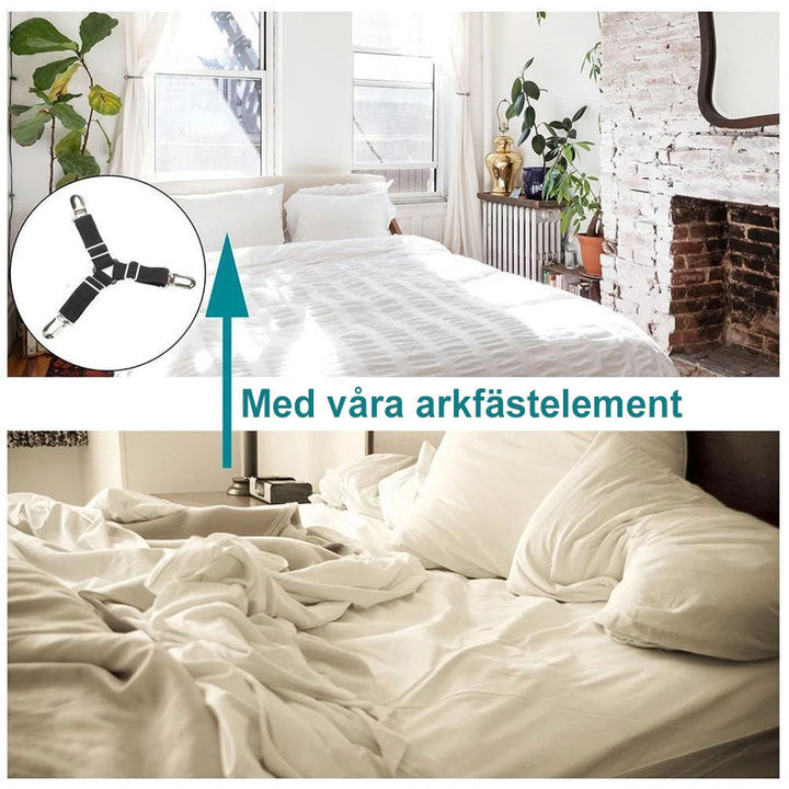 Justerbara elastiska lakanfästen, triangelband, svart och vit, säkerställer lakanens stabilitet, enkel installation.