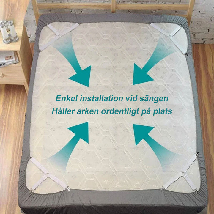 Justerbara elastiska lakanfästen, triangelband, svart och vit, säkerställer lakanens stabilitet, enkel installation.