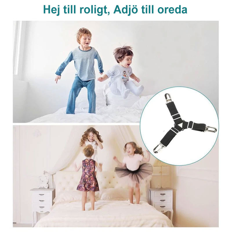 Justerbara elastiska lakanfästen, triangelband, svart och vit, säkerställer lakanens stabilitet, enkel installation.