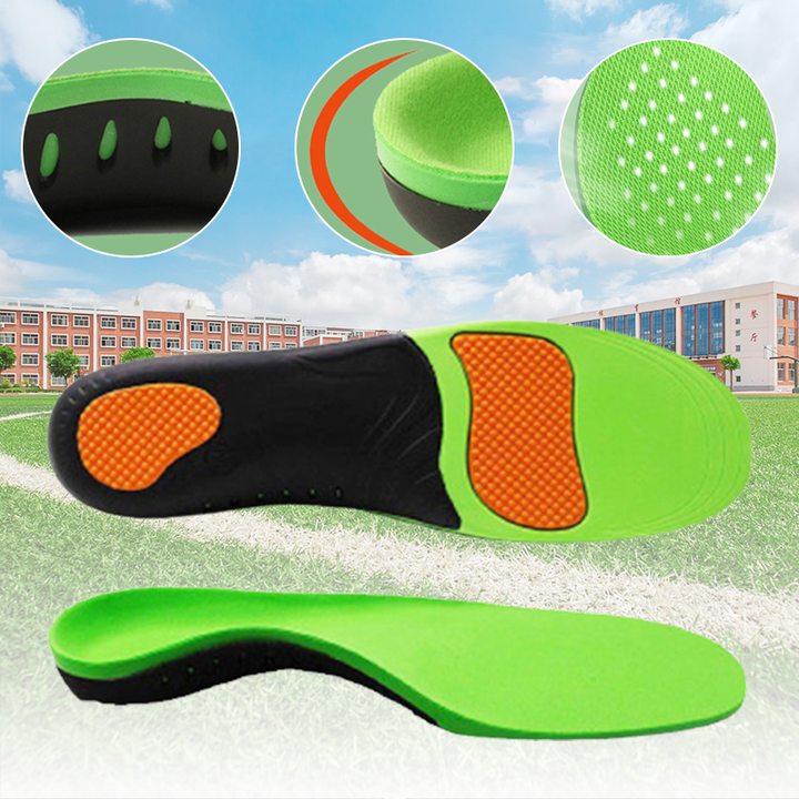 Justerbara ortotiska innersulor, svart med gul detalj, tillverkade av PU och GEL för överlägset stöd och komfort.