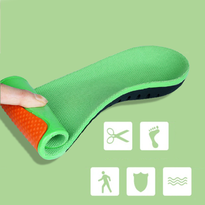 Justerbara ortotiska innersulor, svart med gul detalj, tillverkade av PU och GEL för överlägset stöd och komfort.