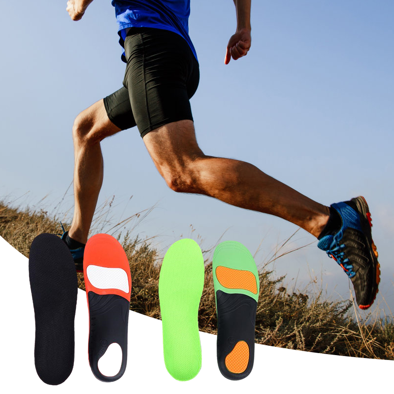 Justerbara ortotiska innersulor, svart med gul detalj, tillverkade av PU och GEL för överlägset stöd och komfort.