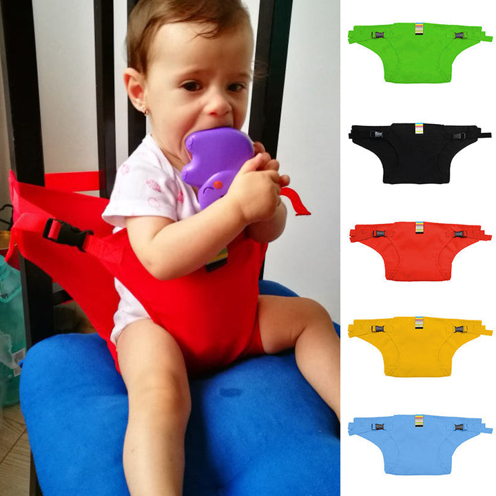 Justerbart babysäkerhetsbälte för stolar, grönt och portabelt, förvandlar stolar till säkra platser för barn.